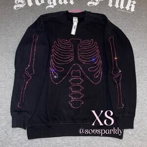 VS PINK Rhinestone Bling Halloween Skeleton Fleece Pullover Crewneck Sweatshirt